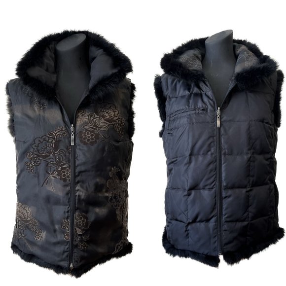Down Feathers Filled Reversible Quilted Fur Trim Puffer Vest, Size M - Picture 1 of 16